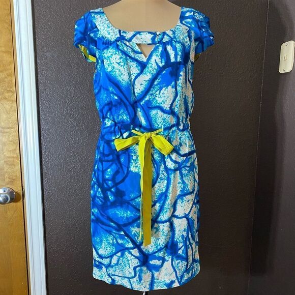Yoana baraschi blue white batik style splash silk dress with chartreuse belt - Picture 9 of 9